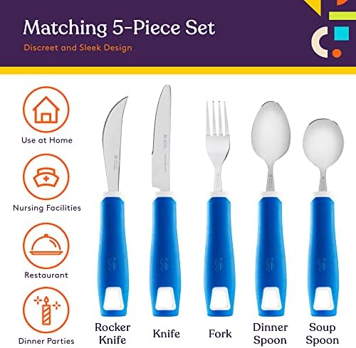 Special Supplies Adaptive Utensils 5-Piece Set Non-Weighted, Non-Slip Handles for Hand Tremors, Arthritis, Parkinson’s or Elderly Use - Stainless Steel Knife, Rocker Knife, Fork, Spoons - Blue