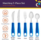 Special Supplies Adaptive Utensils 5-Piece Set Non-Weighted, Non-Slip Handles for Hand Tremors, Arthritis, Parkinson’s or Elderly Use - Stainless Steel Knife, Rocker Knife, Fork, Spoons - Blue