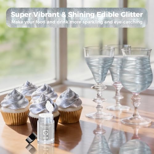 CRPTHE Silver Luster Dust Edible 5g, Edible Glitter for Drinks, Food Grade Glitter Shimmer Sprinkle Powder for Cocktails, Baking, Beverages, Cakes, Strawberries, Cookies, Fondant, Vegan