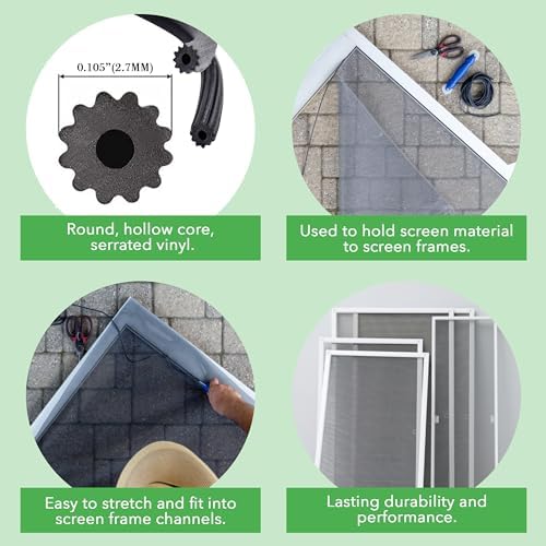 Screen Spline - 0.105", 15lb Roll - Round Screen Retainer Spline - Bulk Screen Holder Spline for Screen Door, Window Mesh & Mosquito Net Fixing - Screen Door Repair & Replacement Spline - Black