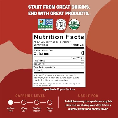FGO Organic Rooibos Tea, 16 Ounce Loose Leaf Bulk Resealable Bag, Caffeine Free, Packaging May Vary (Pack of 1)