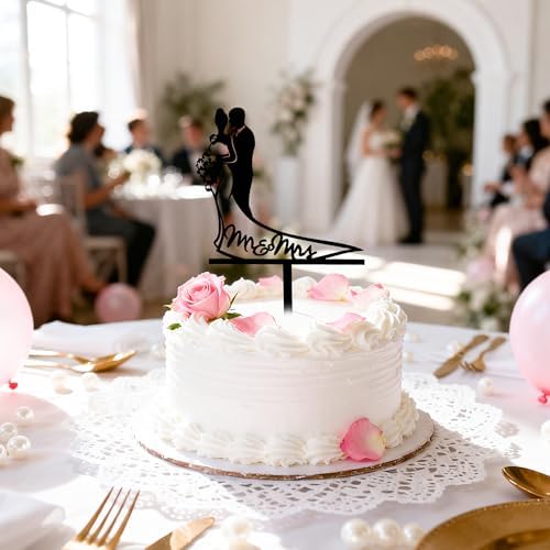 Mr & Mrs Wedding Cake Topper Black Mirror Acrylic Bride and Groom Cake Decorations for Couple Engagement Bridal Shower Weddings Cake Decor Supplies