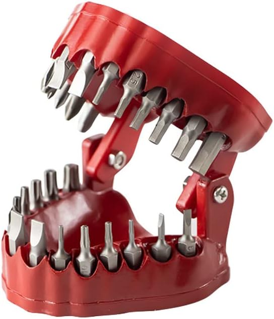 MIMIRACLE Denture Drill Bit Holder, Gag Gift for Dentist Handyman, Holds Up to 28 Bits Screwdriver Bit Organizer Fits 1/4 Inch Hex Bit and Drive Bit Adapter -Red
