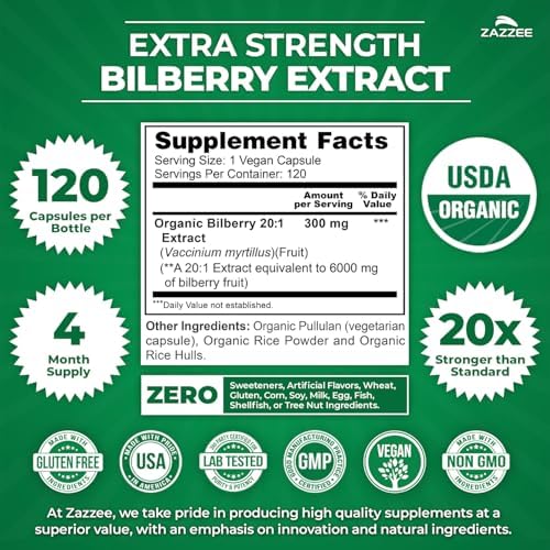 Zazzee USDA Organic Bilberry 20:1 Extract, 120 Vegan Capsules, 4 Month Supply, Vaccinium Myrtillus, Eye Health, Vision & Antioxidant Support, All-Natural, Non-GMO, Made in the USA