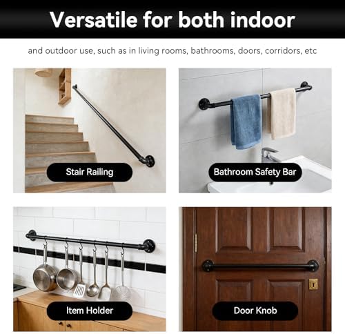 Metal Staircase handrails,Industrial Pipe Stair handrail, wall-Mounted Metal Hand Rail，handrails for Indoor Stairs，Garage, Porch, Toilet, Yard and Garden (Black, 1ft)