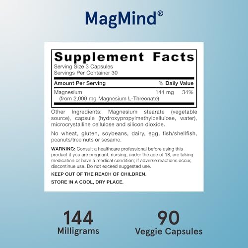 Jarrow Formulas Magnesium L-Threonate, MagMind Magtein Magnesium Supplement, Brain Supplements for Memory Support, 90 Veggie Capsules, Up to a 30 Day Supply