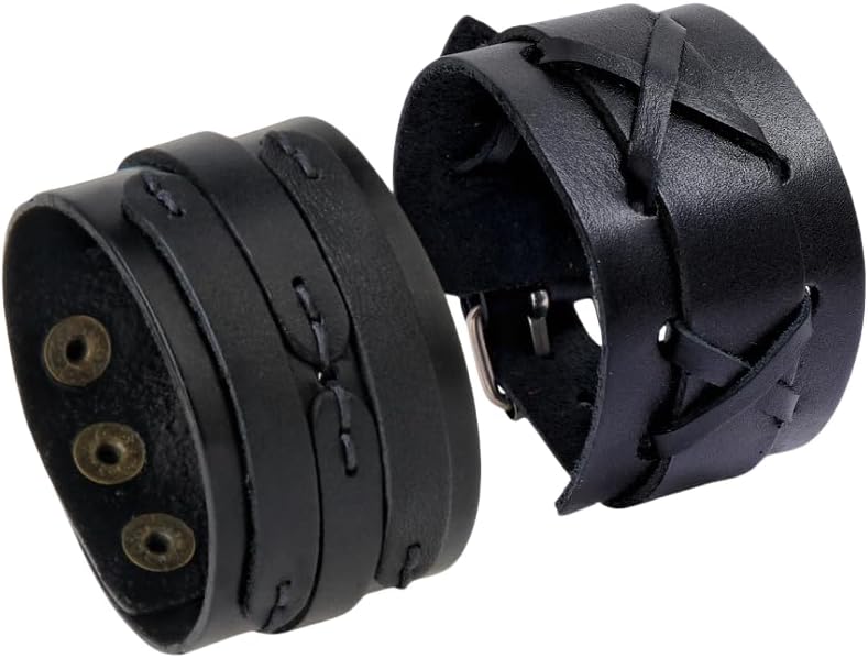 Punk Leather Cuff Bracelet, 2PCS Vintage Braided Leather Wristband for Men Women