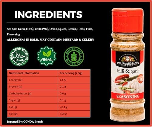 Ina Paarman | Chilli & Garlic Seasoning | 6.75 oz | Award Winning | Pairs with Fish, Chicken, Red Meat, Veg | Cooking | Natural Ingredients | Delicious Flavor | Spice | Chilli & Garlic Seasoning