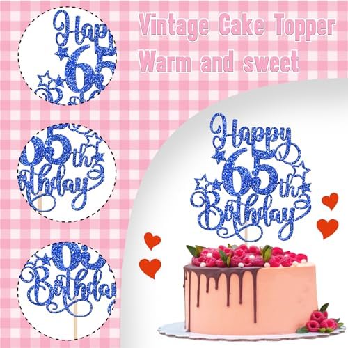 1 PCS Happy 65th Birthday Cake Topper Glitter Cheers to 65 Years Birthday Cake Pick Hello 65 Fabulous Cake Decoration for Happy 65th Birthday Anniversary Party Decorations Supplies Blue