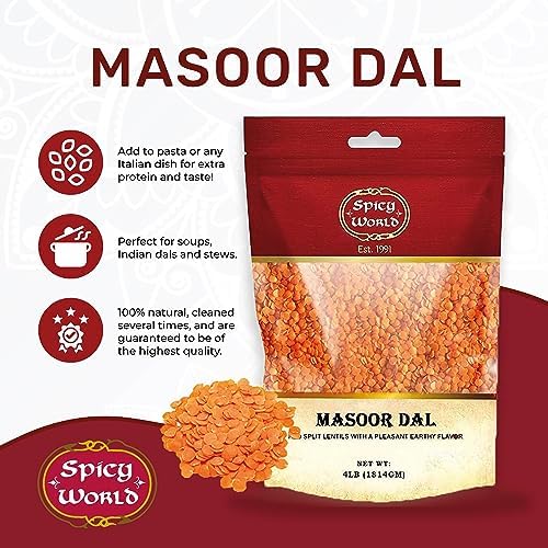 Masoor Dal 4 Pound Bag - Split Red Lentils Dry - All Natural, Pure, Vegan - Resealable Bag by Spicy World