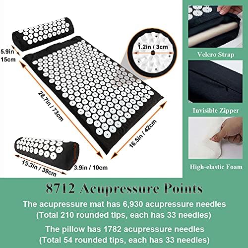 XiaoMaGe Acupressure Mat and Pillow Set with Bag - Large Size 28.7 X 16.5 inch Acupuncture Mat for Neck & Back Pain, Muscle Relaxation Stress Relief, Sciatica Pain Relief Pillow (Black)