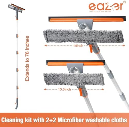 Eazer 3-in-1 Window Squeegee Cleaner, 76'' Spray Window Squeegee with 5-Section Extension Pole, Microfiber and Chenille Cloth, Window Washing Equipment for Indoor/Outdoor Windows, Car Glass