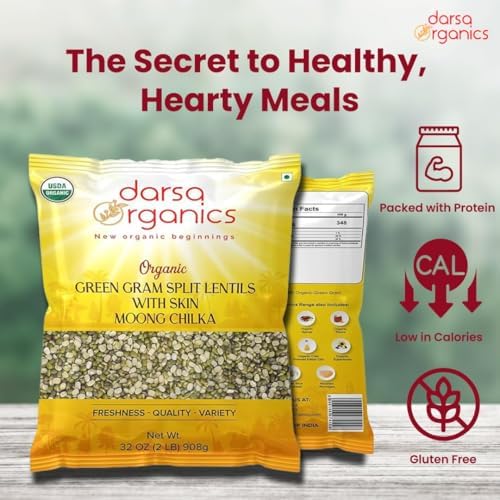 Darsa Organics Mung Split Lentils with Skin, Moong Dal with Skin 2 lb - USDA Organic Green Lentils, Non-GMO, Kosher, Chemical-Free, Protein Rich Organic Split Green Gram, Gluten-Free, Vegan
