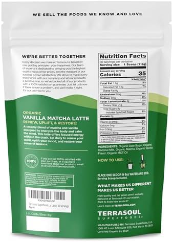 Terrasoul Superfoods Organic Vanilla Matcha Latte Powder, 30 Servings – Creamy Coconut Milk, Lightly Sweetened with Date Sugar, Dairy-Free Green Tea Drink Mix