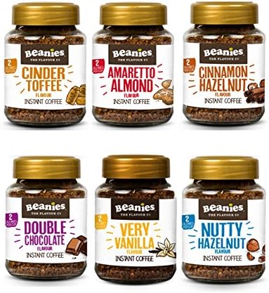 Beanies Flavoured Coffee 6x50g jars - Vanilla, Amaretto, Chocolate, Hazelnut, Cinnamon, Toffee,