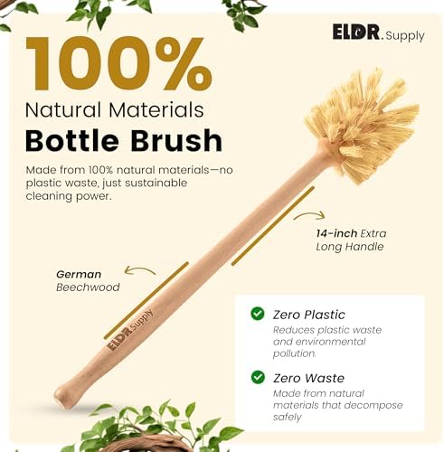 ELDR Supply Bottle Brush, 14in Extra Long German Beechwood Handle, Strong Hemp Bristles, Zero Waste, Cleans and Scrubs Hard to Reach Wide Mouth Jars, Glasses, and Tumblers