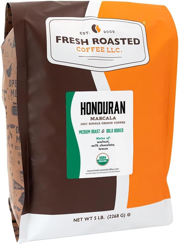 Fresh Roasted Coffee, Organic Honduran Marcala | USDA Organic, 100% Single Origin, Kosher | Medium Roast 5 lb (80 oz) Whole Bean
