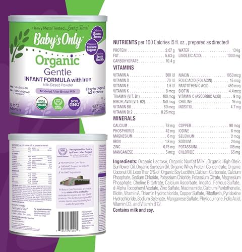 Baby's Only A2 Organic Milk Infant Formula, A2 Milk Based Powder, Organic Baby Formula with A2 Beta-Casein Protein, Iron, Vitamin E, Vitamin D, Easy to Digest, Newborn to 12 Months Old, 21 oz, 1 Pack