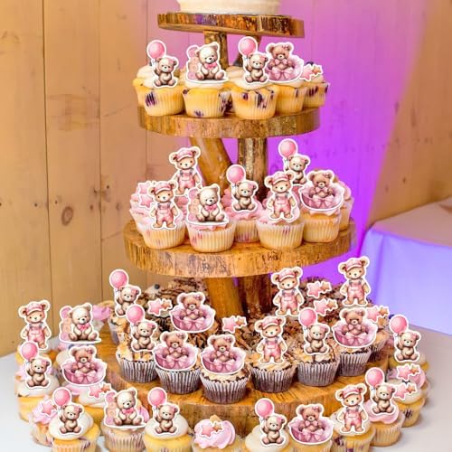 34PCS Edible Bear Cupcake Toppers Wafer Paper Pink Baby Bear Baby Shower Cake Topper Bear Balloon Cupcake Decorations for Bear Theme Baby Shower Birthday Gender Reveal Party Supplies