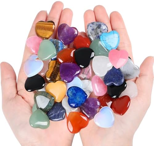 20PCS Crystals and Healing Gemstones Gem Stones Heart Crystal QINJIEJIE Natural Rose Quartz Pocket Amethyst Hearts Palm Stone Polished Crystal Set Bulk Chakra Reiki Good Luck Gifts for Women 0.8"