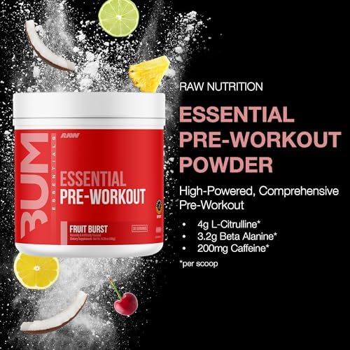 RAW Essential Pre-Workout Powder (Fruit Burst) - Chris Bumstead Sports Nutrition Supplement for Men & Women - Preworkout Energy Powder with Caffeine, L-Citrulline, L-Tyrosine, & Beta Alanine Blend