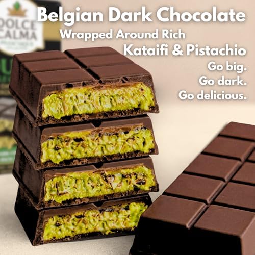 Dolce Calma Dubai Chocolate Bar Dark (200g / 7oz) – Viral Authentic Handmade Belgian Chocolate with Turkish Pistachio & Crispy Kataifi, Premium Quality Candy, Luxury Cream Kunafa Filling, No Palm Oil