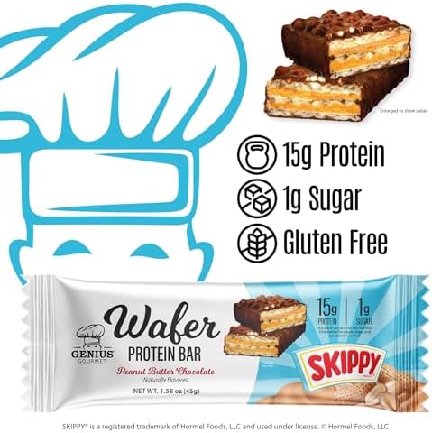 Genius Gourmet SKIPPY® Peanut Butter Chocolate Flavored Wafer Protein Bars,15g Protein per serving (30% DV), 1g Sugar, Chocolatey Snack Bar – 10 Count