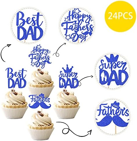 24 PCS Happy Father's Day Cupcake Toppers with Glitter Moustache Hat love Father Super Daddy Best Dad Cupcake Picks for Happy Father's Day Theme Men Birthday Party Cake Decorations Dark Blue