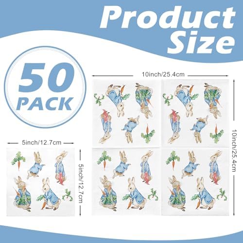 RUSPEPA 50 Pcs Easter Bunny Napkin Paper, 3 Ply Rabbit and Carrot Design Disposable Cocktail Napkins for Easter Party, Baby Shower, Spring Picnic, Birthday, Farm Theme Table Decor, 5 x 5 Inch