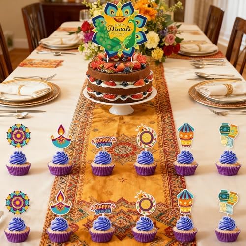 KYMY Happy Diwali Cake & Cupcake Toppers Set, 1PC Diyas Cake Topper & 12PCS Deepavali Rangoli Cupcake Picks, India Festival of Lights Birthday Table Decorations for Hindu Diwali Themed Party Supplies