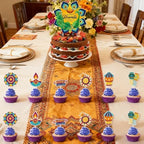 KYMY Happy Diwali Cake & Cupcake Toppers Set, 1PC Diyas Cake Topper & 12PCS Deepavali Rangoli Cupcake Picks, India Festival of Lights Birthday Table Decorations for Hindu Diwali Themed Party Supplies