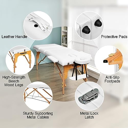 Giantex 84inch Folding Massage Table Lash Bed, Portable 3 Sections Spa Salon Tattoo Bed with Face Cradle Armrests Wooden Legs, Professional Massage Bed Height Adjustable with Carry Case (White)