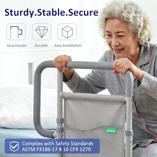 Bed Rails for Elderly Adults, ASTM Approved Bed Assist Rail with Dual Non-Slip Handles for Easily Getting in & Out of Bed, Stable Bed Railings with Storage Pocket, Load 350 LBS, Tool-Free Assembly