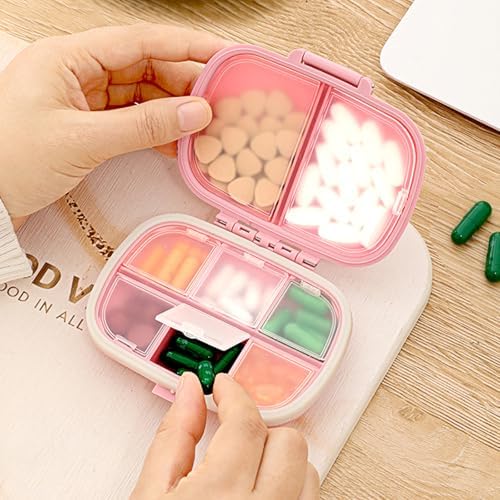 Travel Pill Organizer 8 Compartments Pill Case, Portable Folding Small Pill Box with Seal Ring Moisture Proof, Daily Pill Container Used for Carry Storage Medicine Organizer (Pink)