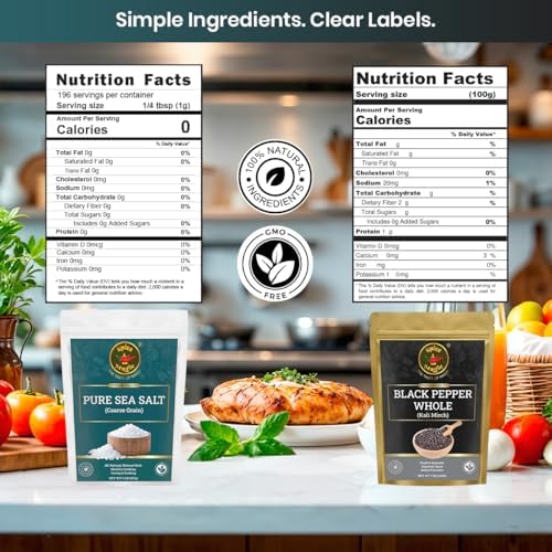 Spice Magic Whole Black Peppercorns 12 oz & Pure Sea Salt Coarse Grain 2 lb | Non-GMO • Gluten-Free • Vegan| Ideal for Everyday Cooking I Essential Seasoning Duo
