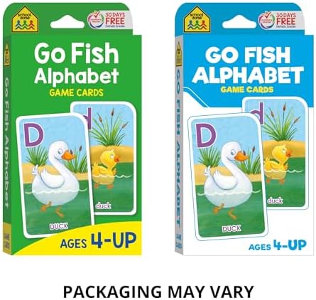 School Zone Go Fish Alphabet Game Cards: Preschool, Kindergarten, 1st Grade, ABC's, Matching, Uppercase and Lowercase Letters, Word-Picture Recognition, Animals, Ages 4+, Packaging May Vary