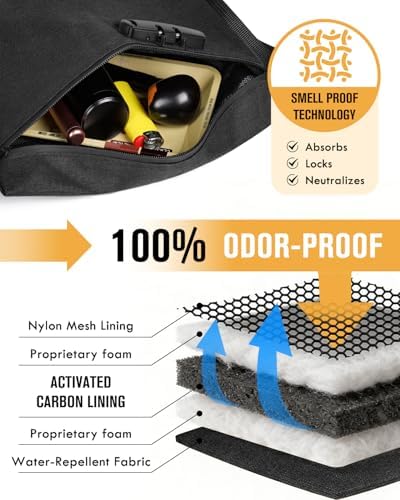 Smell Proof Bag, Odor Proof Bag with Combination Lock, Durable Smell Proof Container with Carbon Lining, Secure Odorless Travel Pouch for Home & On-the-Go (Black)