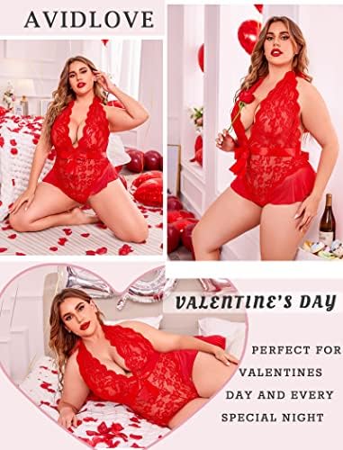 Avidlove Plus Size Lingerie for Women Halter Deep V Lace Bodysuit Teddy Sleepwear Black 18 Plus