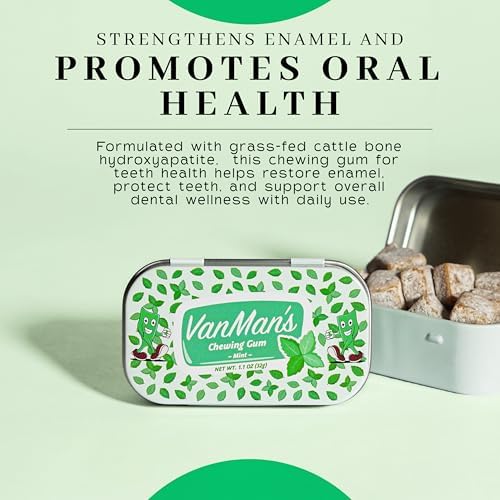 Vanman Remineralizing Chewing Gum with Grass-Fed Cattle Bone Hydroxyapatite and Organic Peppermint Extract – Sugar Free Chicle and Mastic Gum - Fresh Mint Flavor, 1.1 oz, 1 Pack