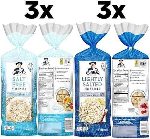 Quaker Large Rice Cakes, Gluten Free, Lightly Salted + Salt Free Variety Pack, 4.47 Ounce (Pack of 6)