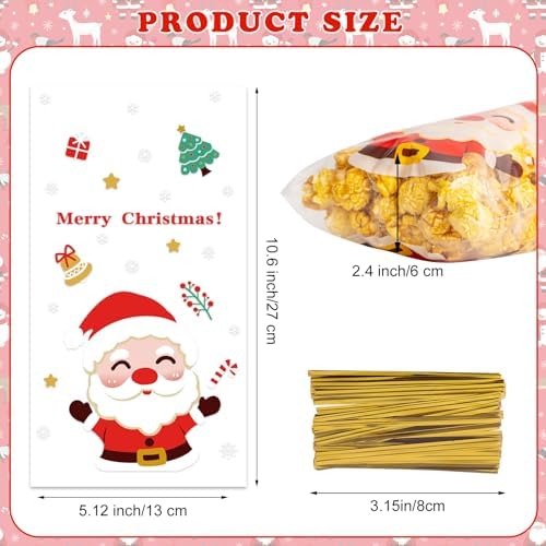PADELO 100 Pcs Christmas Treat Bags - Merry Christmas Candy Bag, Plastic Xmas Cellophane Cello Goodie Goody Cookie Gift Snack Bags with Twist Ties for Goodies Present Wrap Xmas Party Favors Supplies