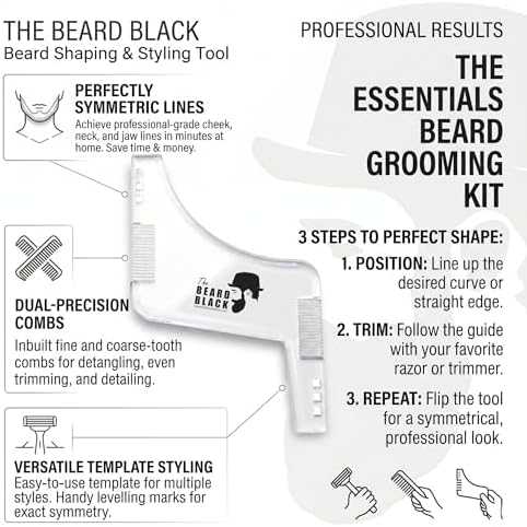 The BEARD BLACK Beard Shaping Tool & Neckline Shaper – Professional Beard Trim Guide & Stencil with Inbuilt Comb – Perfect Line Up & Edging Template for Men – Use with Trimmer or Razor