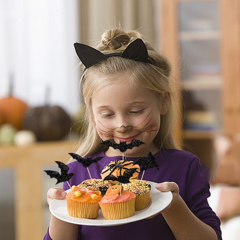 24Pcs Halloween Cupcake Toppers Black Glitter Bat Halloween Cupcake Picks for Halloween Theme Baby Shower Kids Birthday Party Cake Decorations Supplies - A