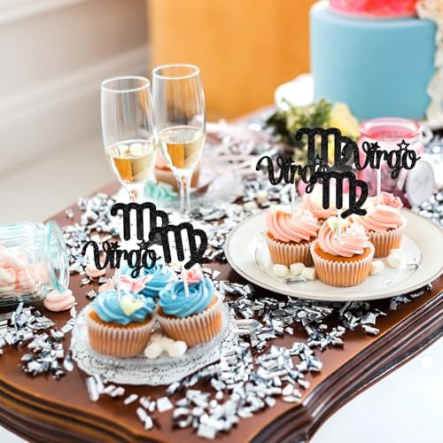 12Pcs Virgo cake topper, Big Virgo Energy/Virgo Season Cake Decor, 12 constellation Virgo August September Birthday Cupcake Decoration, Horoscope Astrology Birthday Party Supplies, Black Glitter