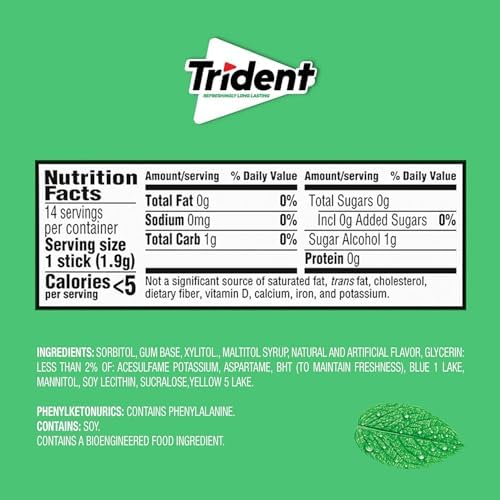 Trident Spearmint Sugar-Free Chewing Gum, 12 Packs of 14 Pieces (168 Total Pieces)
