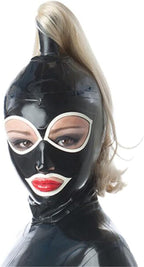 Black Latex Hood with White Trim with Blond Ponytail Back Zipper Rubber Mask with Golden Wig Cosplay Party Wear Costume