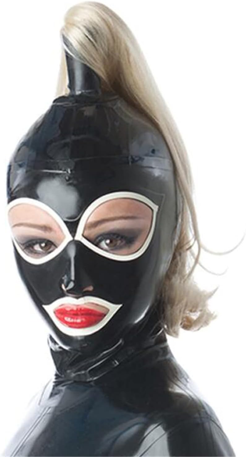 Black Latex Hood with White Trim with Blond Ponytail Back Zipper Rubber Mask with Golden Wig Cosplay Party Wear Costume