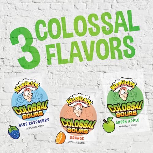 WARHEADS Colossal Sours - Giant Sour and Sweet Candy with a Tangy Crunch - Intense Fruit Flavors - Blue Raspberry, Orange & Green Apple – 1 lb. Bag