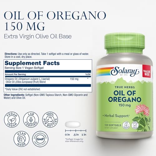 SOLARAY Oil of Oregano Softgels 150 mg - Oregano Oil Supplement for Powerful Wellness Support - Gentle Digestion - Extra Virgin Olive Oil Base - Vegan, 60-Day Guarantee - 120 Servings, 120 Softgels