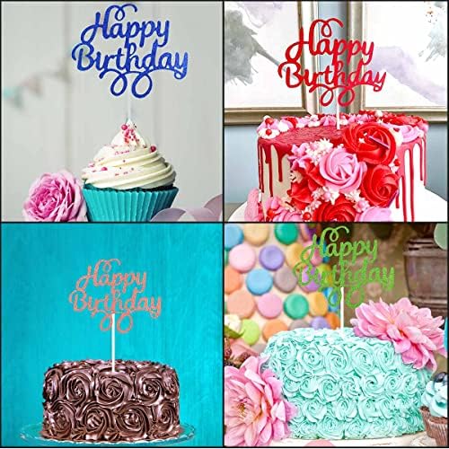 40 Pieces Happy Birthday Cake Toppers - Glitter Picks for Dessert Decorations - Party Supplies in 8 Colors